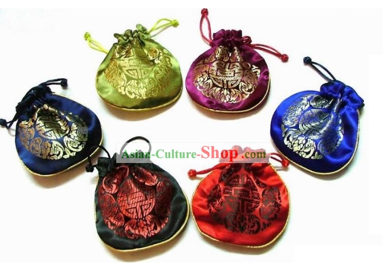 Chinese Classic Silk Drawstring Jewellery Pouches Set-Fu (5 pieces)