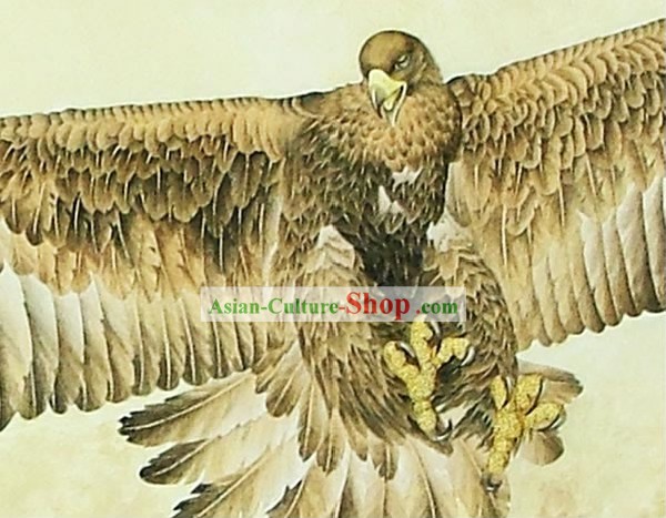 Chinese Classic Large Hand Carved Wood House Solid Decorative Painting-Eagle Flying in the Sea