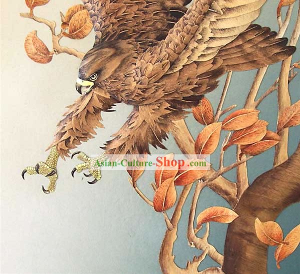 Chinese Classic Large Hand Carved Wood House Solid Decorative Painting-Hawk in the Wind