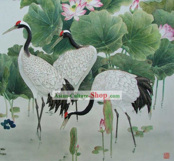 Chinese Classic Large Hand Carved Wood House Solid Decorative Painting-Cranes Group