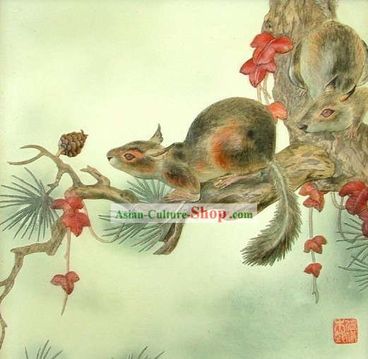 Chinese Classic Large Hand Carved Wood House Solid Decorative Painting-Squirrel