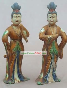 Chinese Classic Archaized Tang San Cai Statue-Tang Dynasty Dancing Women (Two Pieces Set)