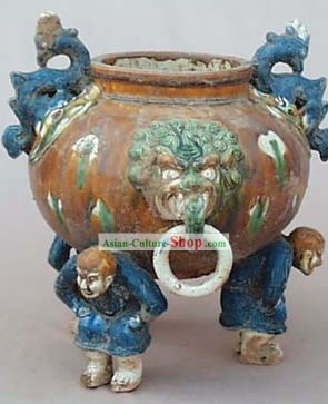 Chinese Classic Archaized Tang San Cai Statue-Three Men Foot Dragon Pot