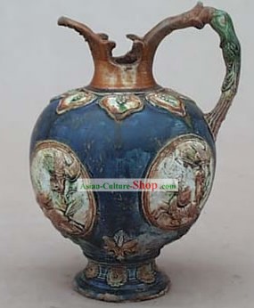 Chinese Classic Archaized Tang San Cai Statue-Lotus Kylin Kettle
