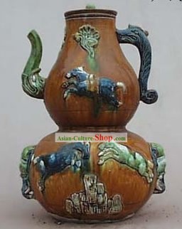 Chinese Classic Archaized Tang San Cai Statue-Six Horses Calabash Shaped Pot