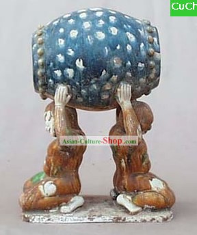 Chinese Classic Archaized Tang San Cai Statue-Men Holding up Drum