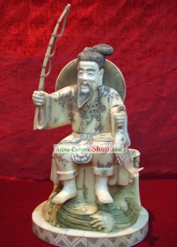 Chinese Classic Ox Bone Handicraft Sculpture Statue-Ancient Old Fishing Man