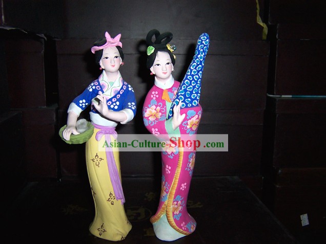 Hand Made Hui Shan Clay Figurine-Ancient Beauty Pair