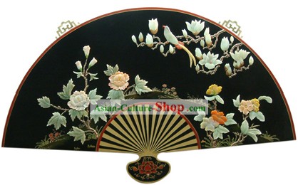Chinese Palace Hanging Lacquer Ware Large Mirror Fan-Peony and Bird