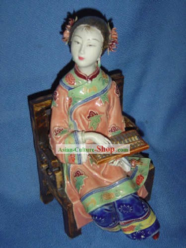 Chinese Vivid Ceramics Statue-Qing Dynasty Woman Doing Accounts