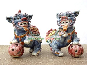 Hand Made Shi Wan Artistic Ceramics Statue-Dancing Lion Pair