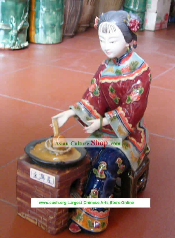 Hand Made Shi Wan Ceramics Statue-Palace Woman Cooking Dishes