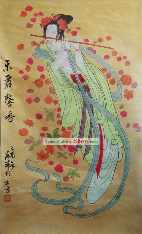 Chinese Traditional Painting-Flying Dancing Fairy Playing Flute