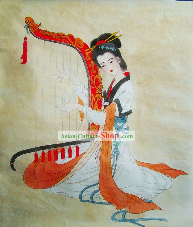 Chinese Traditional Painting-Tang Dynasty Harp Maid