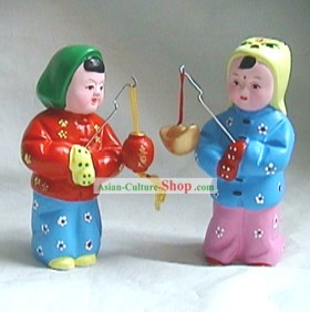Beijing Hand Made Clay Figurine-Boys Beating The Drum to Remind The Time at Night
