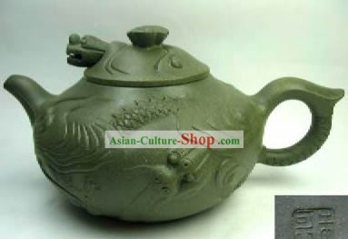 Chinese Hand Made Green Clay Teapot-Fish and Dragon