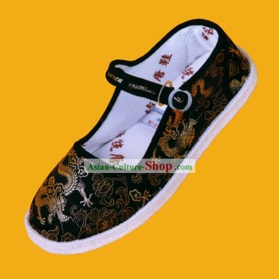 Chinese Hand Made Folk Dragon Black Cloth Shoes for Man
