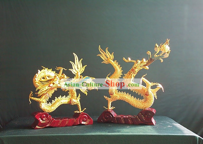 Chinese Gold Brass Cloisonne Lucky Dragon Pair