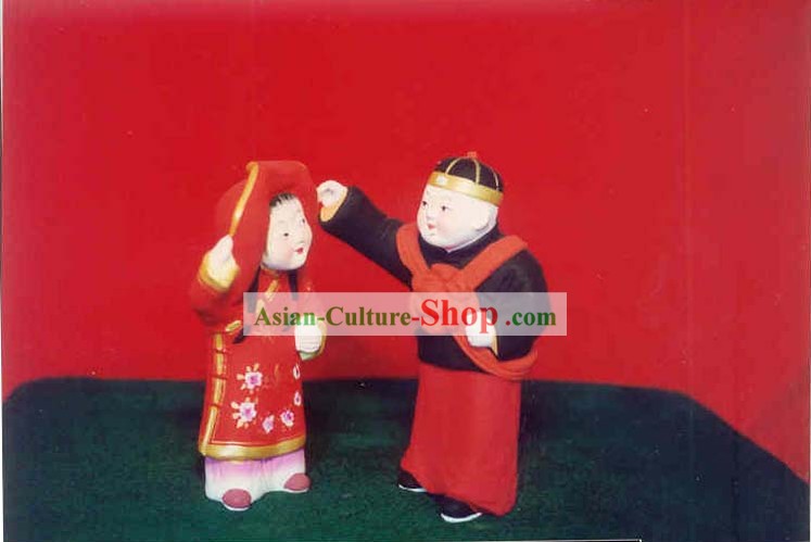 Chinese Hand Painted Sculpture Art of Clay Figurine Zhang-Getting Married Bride and Bridegroom