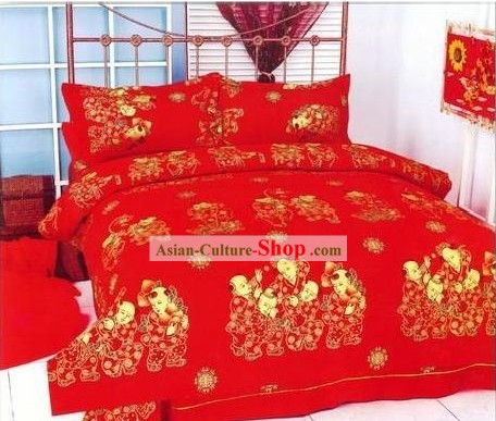 Chinese Classical Cotton Wedding Bed Sheet Set(Four Pieces)-More Children, More Happiness