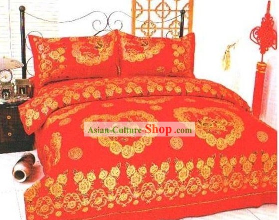 Chinese Classical Cotton Wedding Bed Sheet Set(Four Pieces)-Love