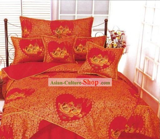 Chinese Classical Cotton Wedding Bed Sheet Set(Four Pieces)-Mandarin Duck