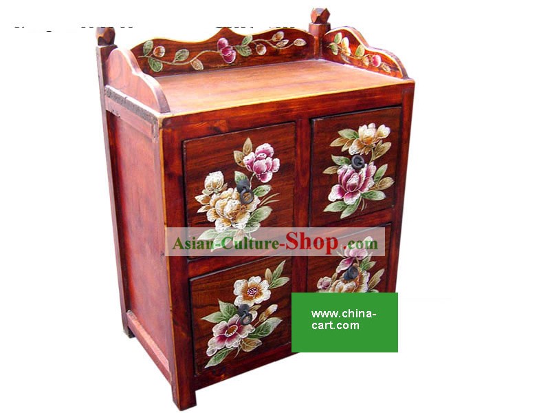 Chinese Red Hand Painted Flowery Four Drawers Storage Cabinet
