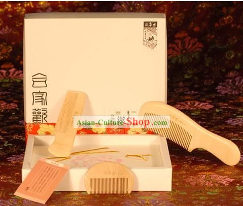 Chinese Carpenter Tan 100 Percent Natural Wooden Combs Family Gift Package