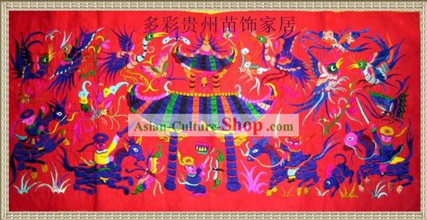 Chinese Large Miao Minority Silk Thread Hand Embroidery Art-Temple Fair