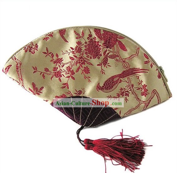 Chinese Traditional Handmade Bird and Flower Fan Shape Banquet Handbag