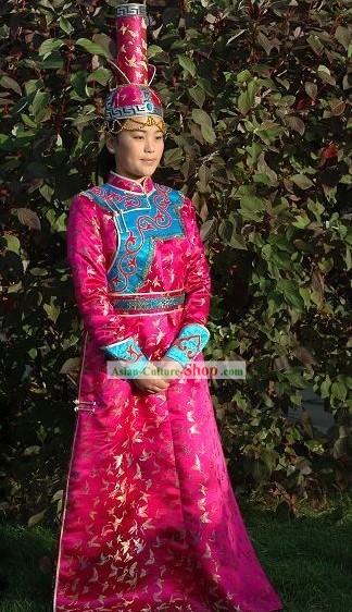 Chinese Traditional Mongolian Long Robe and High Hat Complete Set for Women