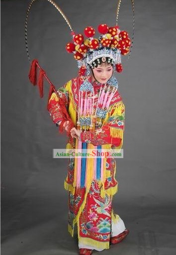 Supreme Chinese Traditional Heroine Hu Mu Lan Costumes, Crown and Whip Complete Set