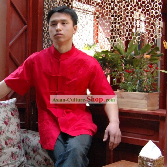 Chinese Classical Mandarin Style Short Handed Red Flax Dragon Shirt