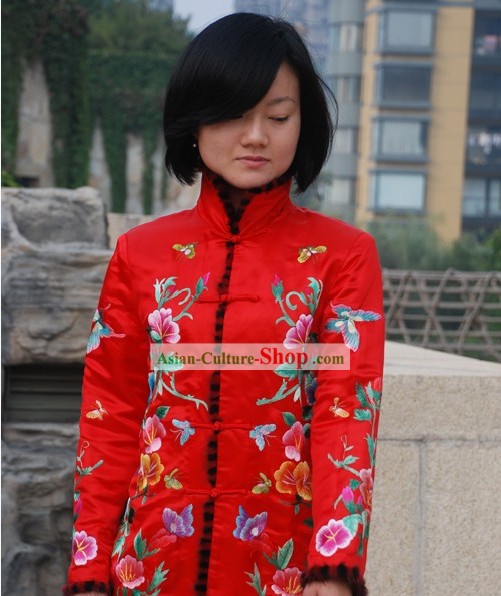 Chinese Traditional Lucky Red Embroidered Floral Blouse