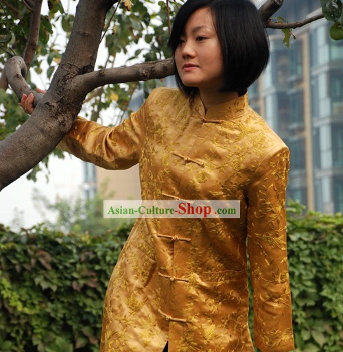 Chinese Stunning Handmade and Embroidered Gold  Floral Long Silk Overcoat for Women
