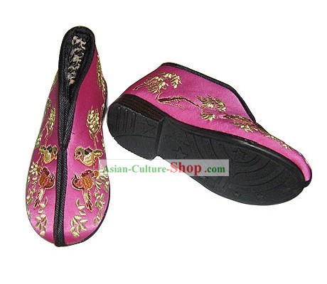 Chinese Traditional Handmade Embroidered Thick Satin Winter Shoes for Children (magpies)