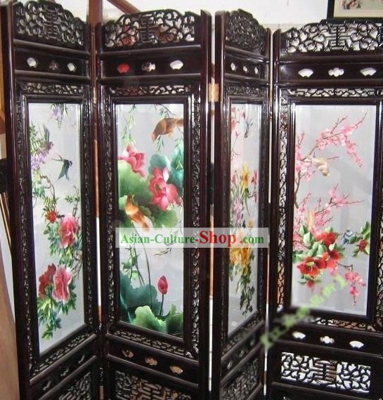 Supreme Chinese Hands Embroidered Four Seasons Folding Screen