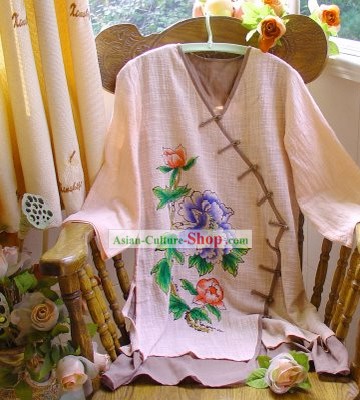 Chinese Classic Hand Painted Peony Cotton and Flax Mandarin Blouse