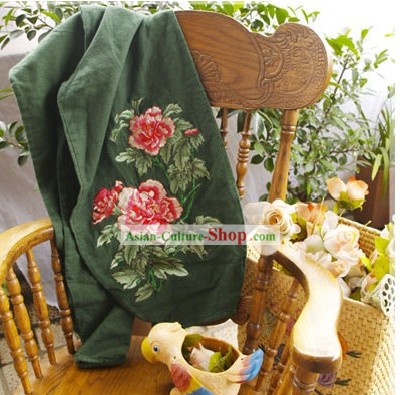 Chinese Classic Embroidered Large Peony Cotton and Flax Green Trousers