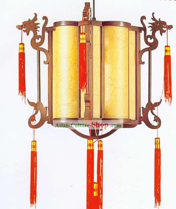 Chinese Hand Made Carved Wooden Plain Double Dragons Ceiling Lantern