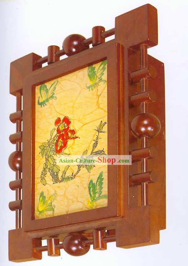 Chinese Hand Made Wooden Traditional Painting Wall Lantern - Red Flower