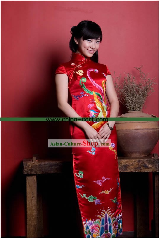 Stunning All Hand Embroidery Phoenix Red Silk Long Cheongsam (Qipao)
