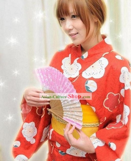 Traditional Red Flowery Japanese Kimono Handbag and Geta Full Set