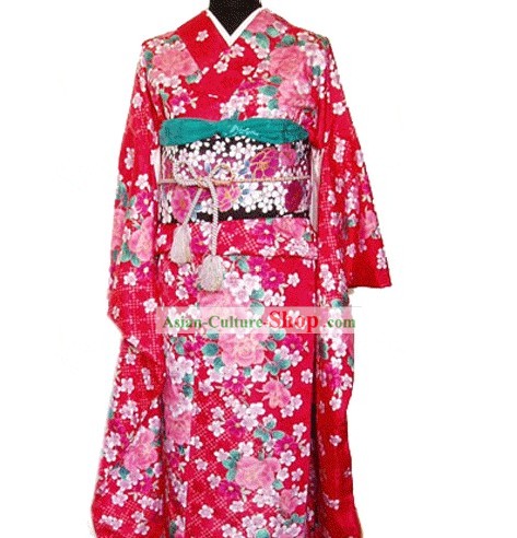 Traditional Lucky Red Peony Japanese Kimono Handbag and Geta Full Set