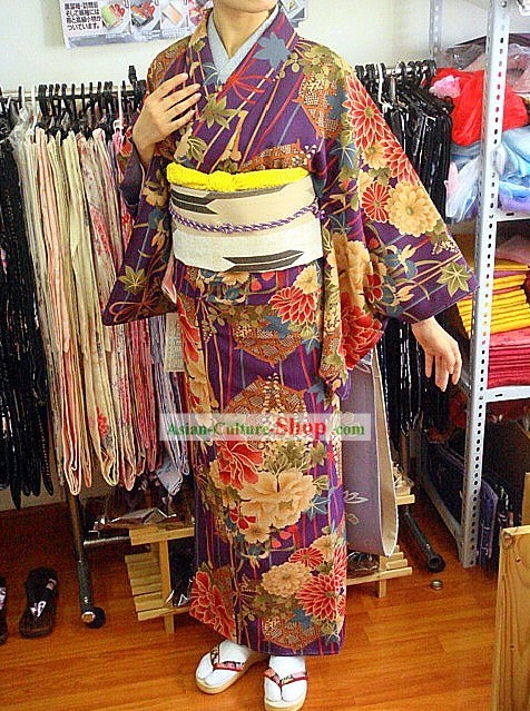 Traditional Japanese Hundred Flowers Kimono Handbag and Geta Full Set