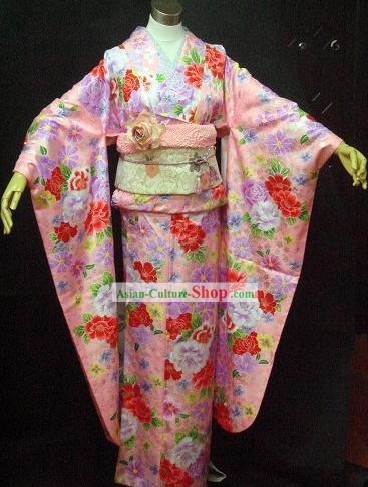 Traditional Japanese Pink Flowery Kimono and Belt Full Set