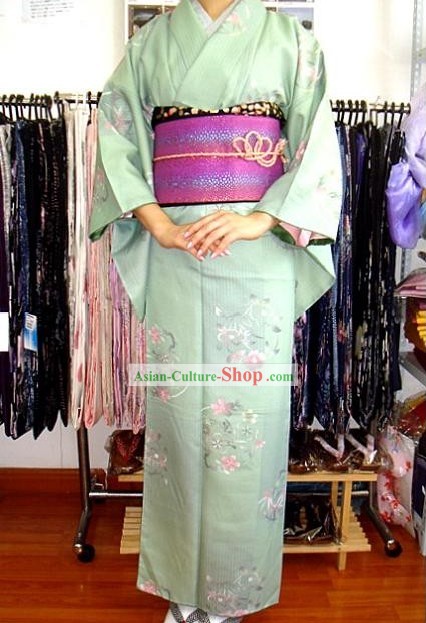 Traditional Japanese Romantic Light Blue Kimono and Belt Full Set