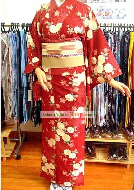 Traditional Japanese Lucky Red Floral Blue Kimono and Belt Full Set