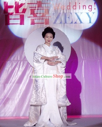 Traditional Japanese Pure White Wedding Kimono and Belt Full Set