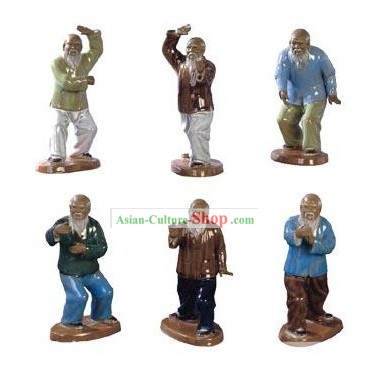 Chinese Traditional Shiwan Tai Chi Ceramic Figurines 6 Pieces Set